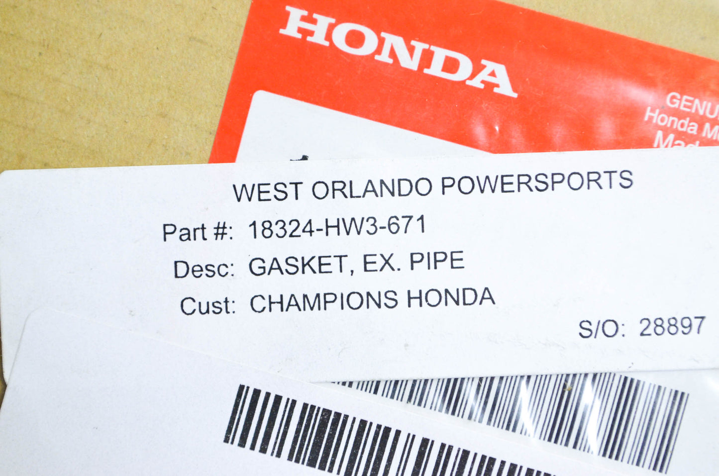 OEM Honda 18324-HW3-671 Exhaust Pipe Gasket NOS