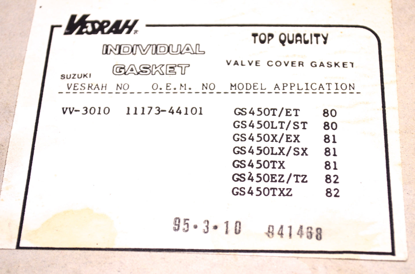 Vesrah 6505-032, VV-3010, 11173-44101 Valve Cover Gasket 6505-032 NOS