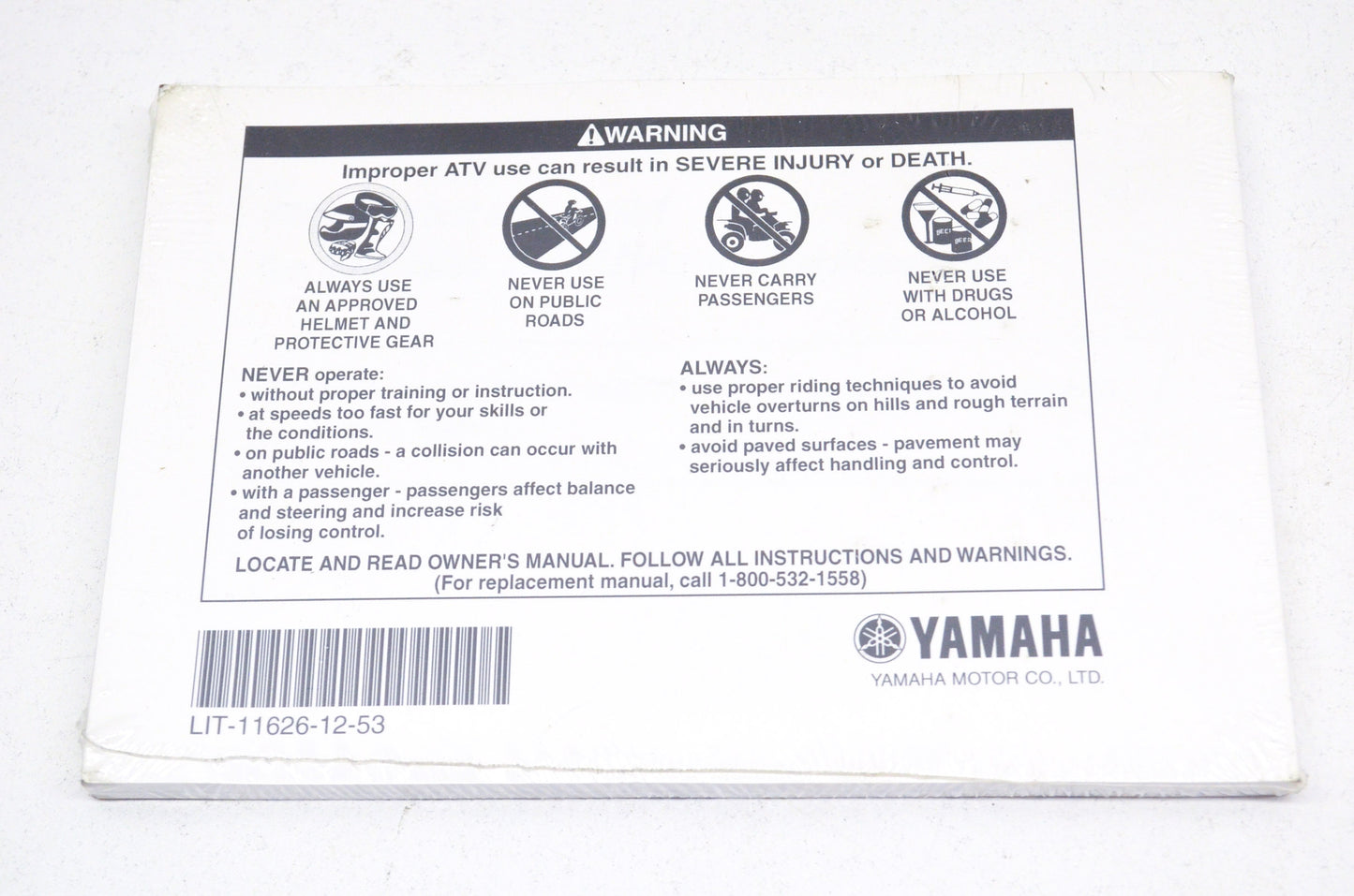 OEM Yamaha LIT-11626-12-53 YFM350XL(C) WARRIO Owner's Manual NOS