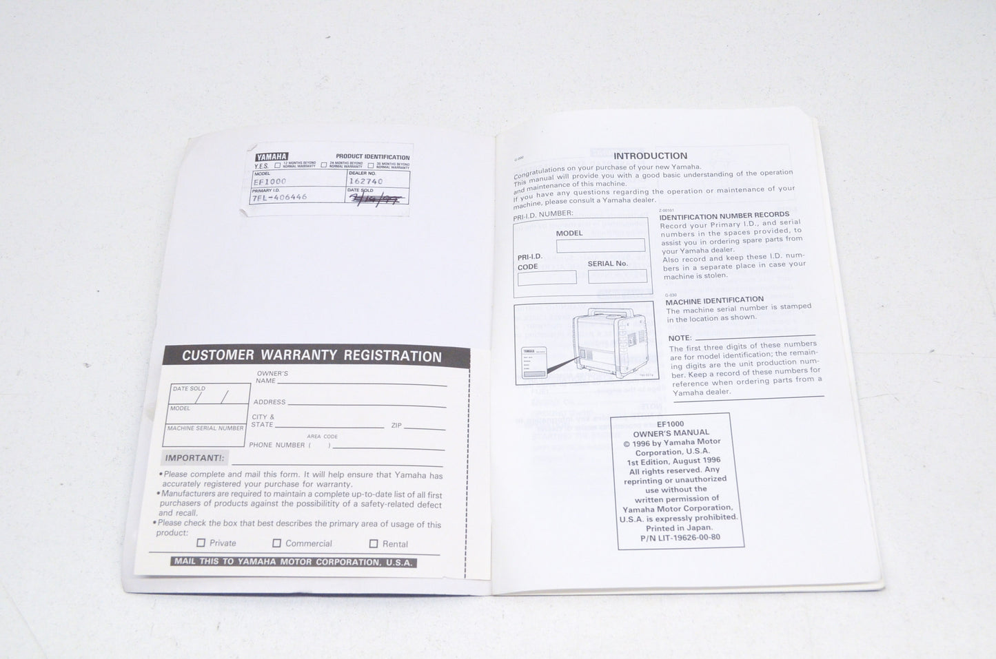 OEM Yamaha Owner's Manual EF1000 Generator