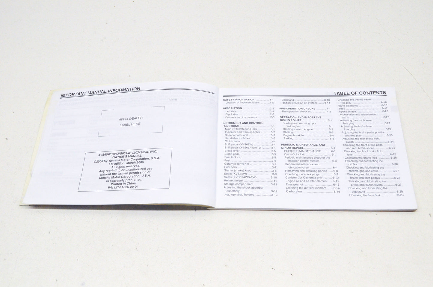 OEM Yamaha LIT-11626-20-04 XVS65W AW ATW V ST "Owner's Manual