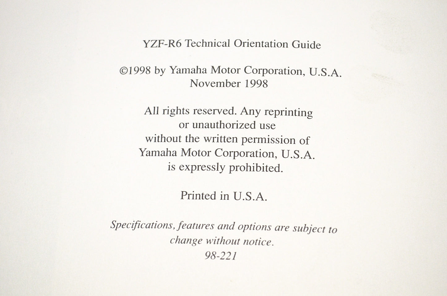 OEM Yamaha Technical Orientation Guide YZF-R6 NOS