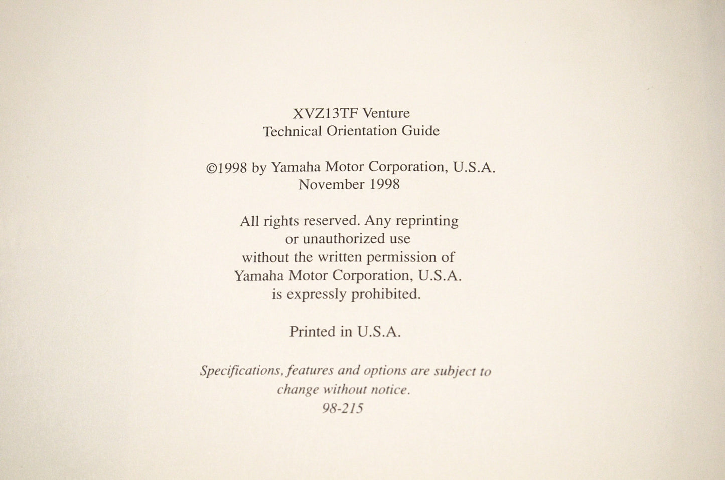 OEM 98-215 Yamaha Technical Orientation Guide XVZ13TF Venture NOS