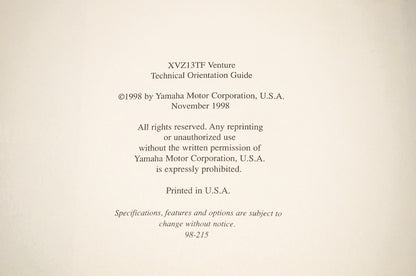 OEM 98-215 Yamaha Technical Orientation Guide XVZ13TF Venture NOS