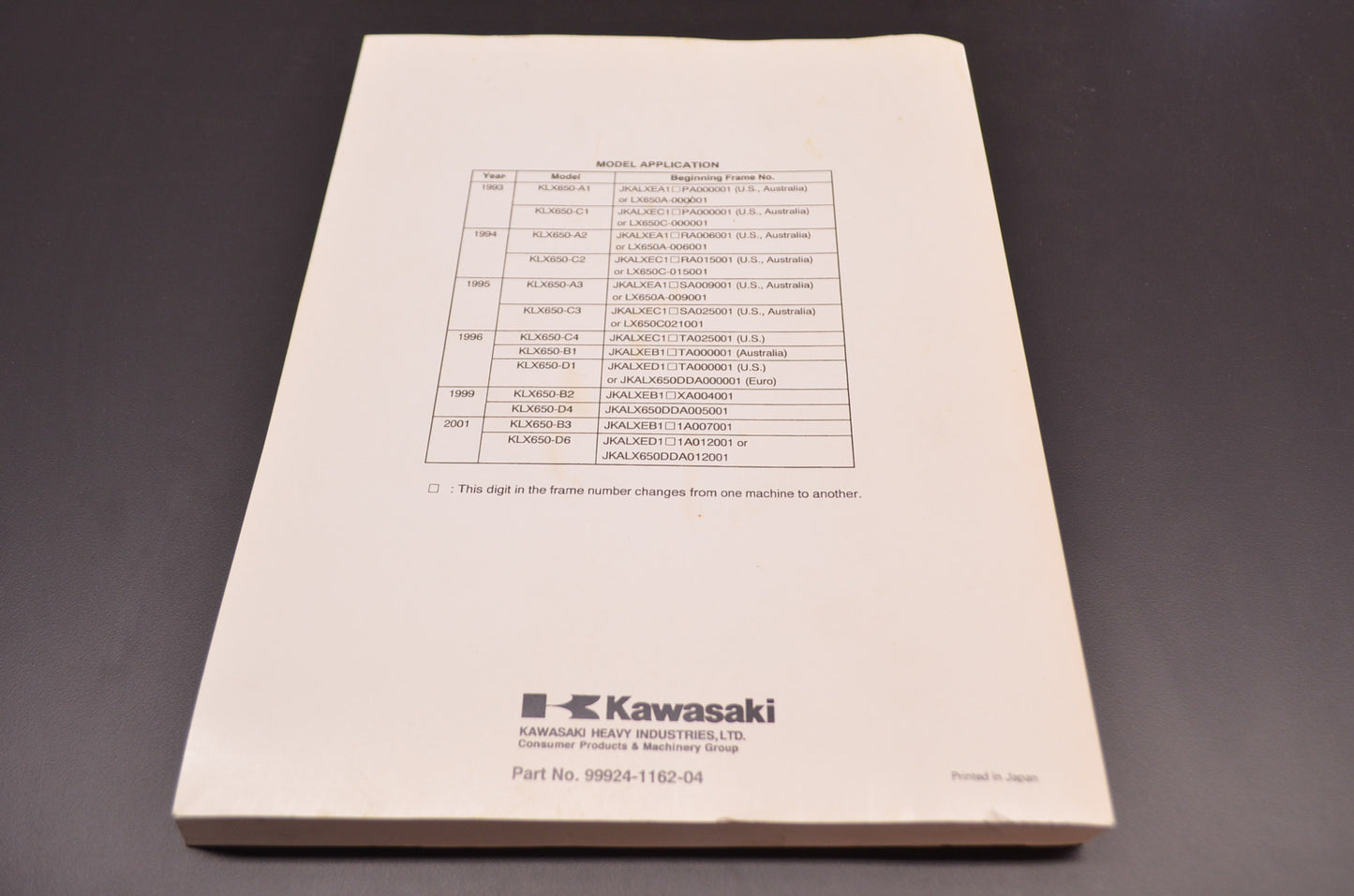 OEM Kawasaki 99924-1162-04 Service Manual KLX650 NOS