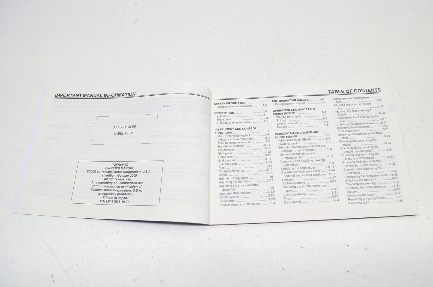 OEM Yamaha LIT-11626-19-78 Owner's Manual YZFR6V/VC R6 NOS