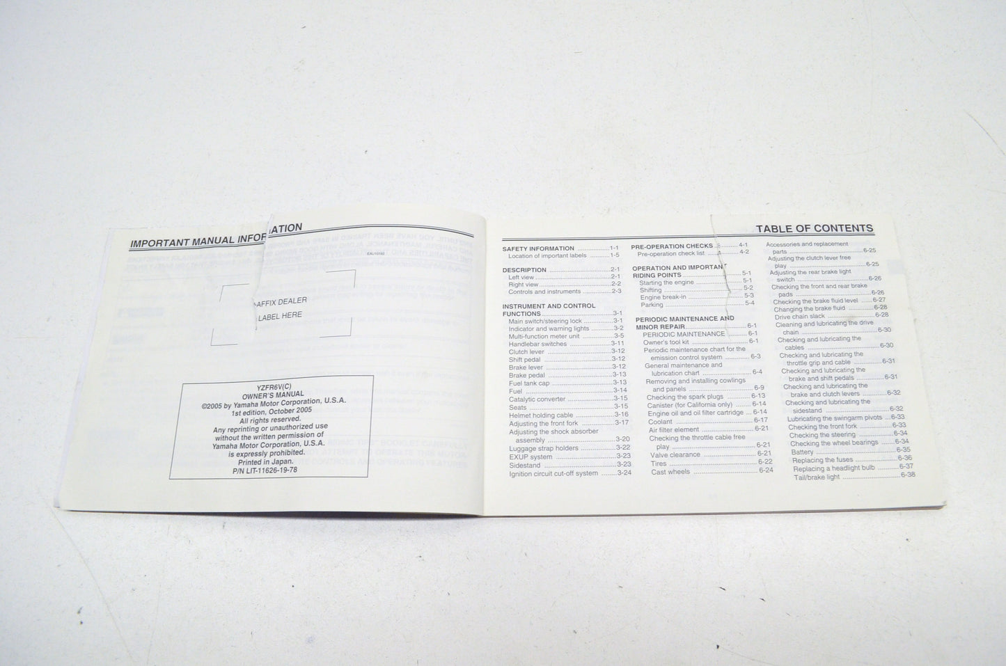 OEM Yamaha LIT-11626-19-78 Owner's Manual YZFR6V/VC R6