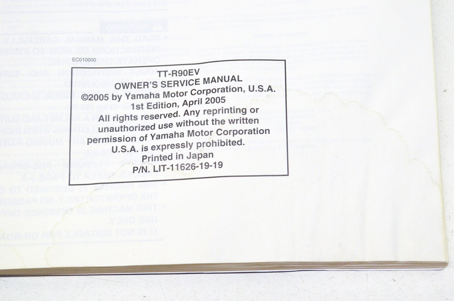 OEM Yamaha LIT-11626-19-19, 3P2-28199-10 Owner's Manual TT-R90EV NOS