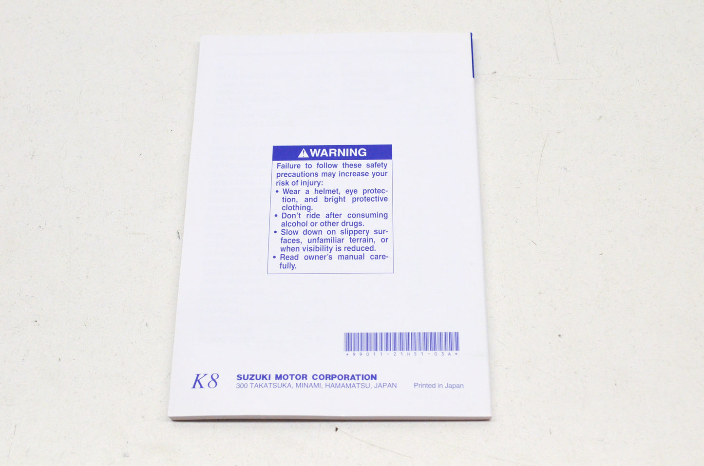 OEM Suzuki 99011-21H51-03A Owner's Manual GSX-R1000K8 NOS
