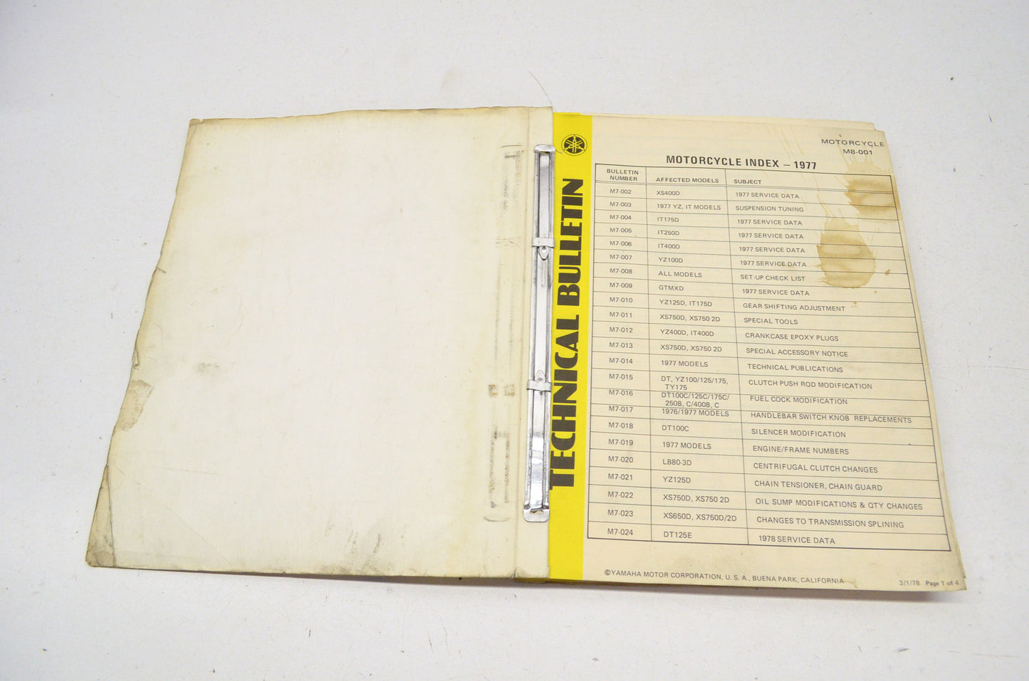 OEM Yamaha Technical Bulletin 1977