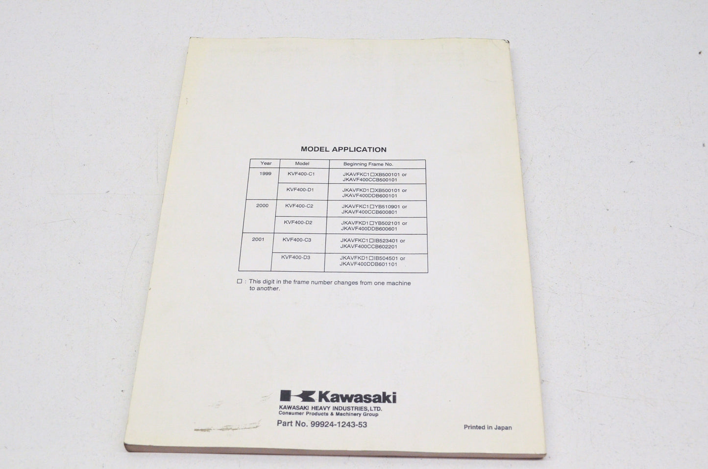 OEM Kawasaki 99924-1243-53 Service Manual Supplement KVF400 NOS