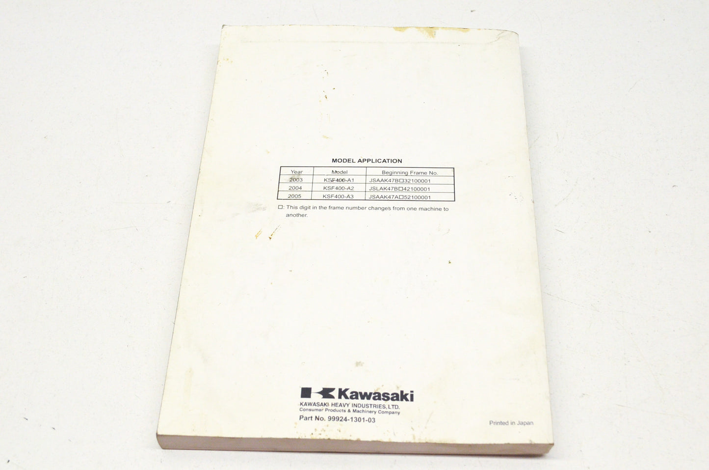OEM Kawasaki 99924-1301-03 Service Manual KSF400A