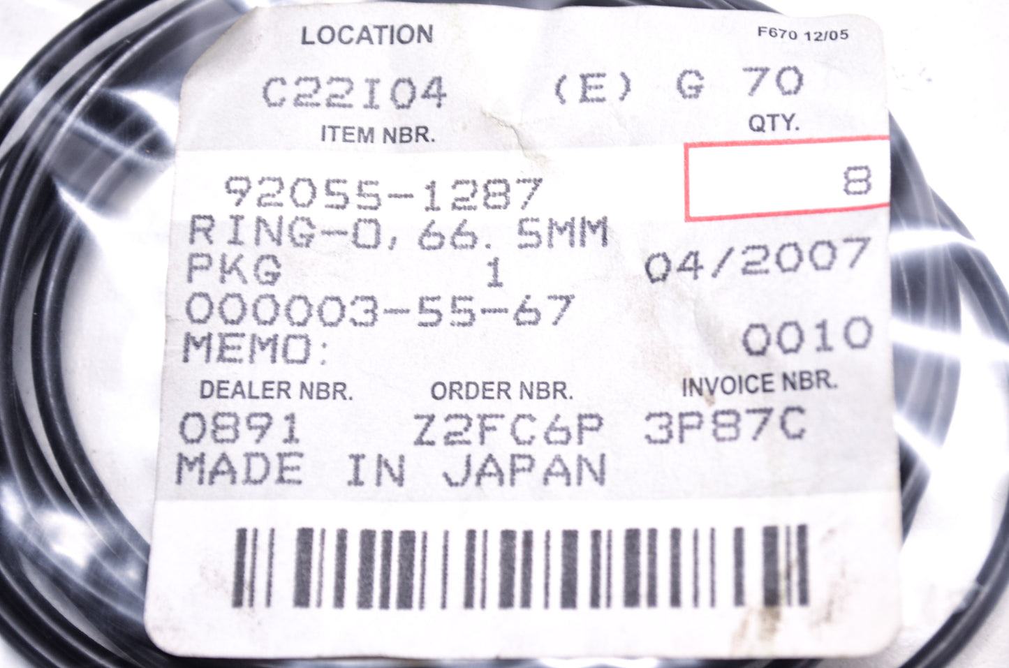 OEM Kawasaki 92055-1287 O-Ring 66.5mm NOS