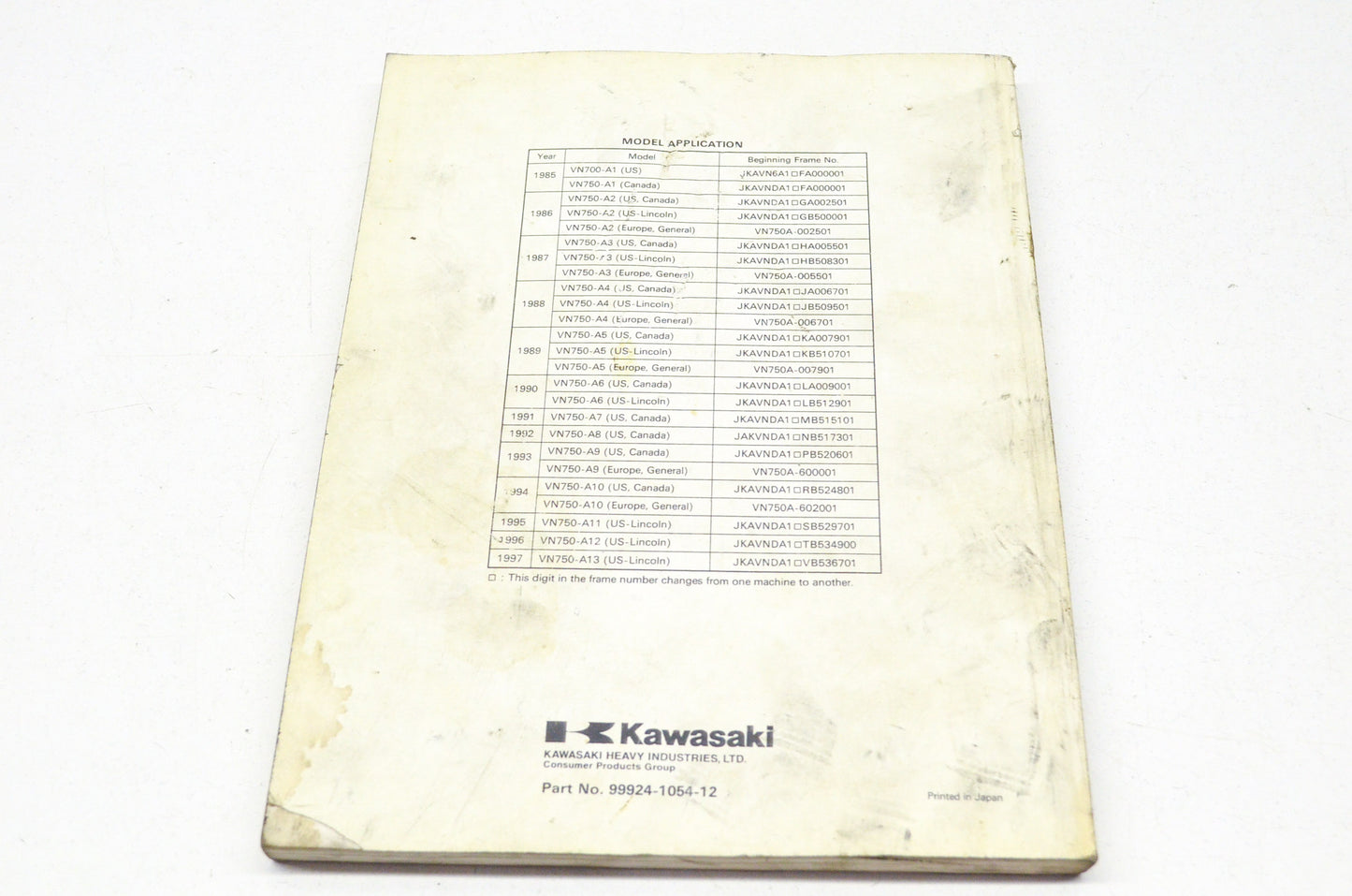 OEM Kawasaki 99924-1054-12 Service Manual VN750A