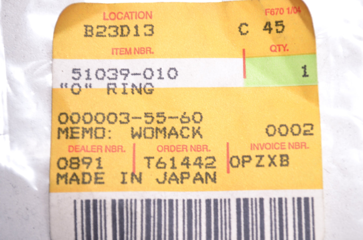OEM Kawasaki 51039-010 O-Ring NOS