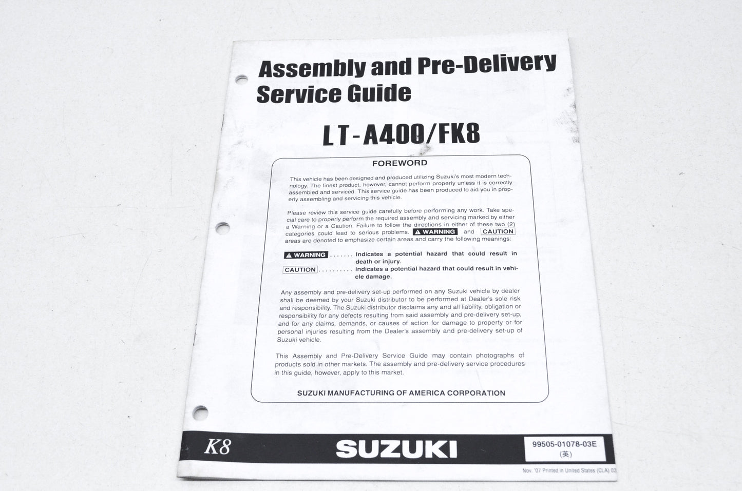 OEM Suzuki 99505-01078-03E Assembly and Pre-Delivery Service Guide LT-A400/FK8