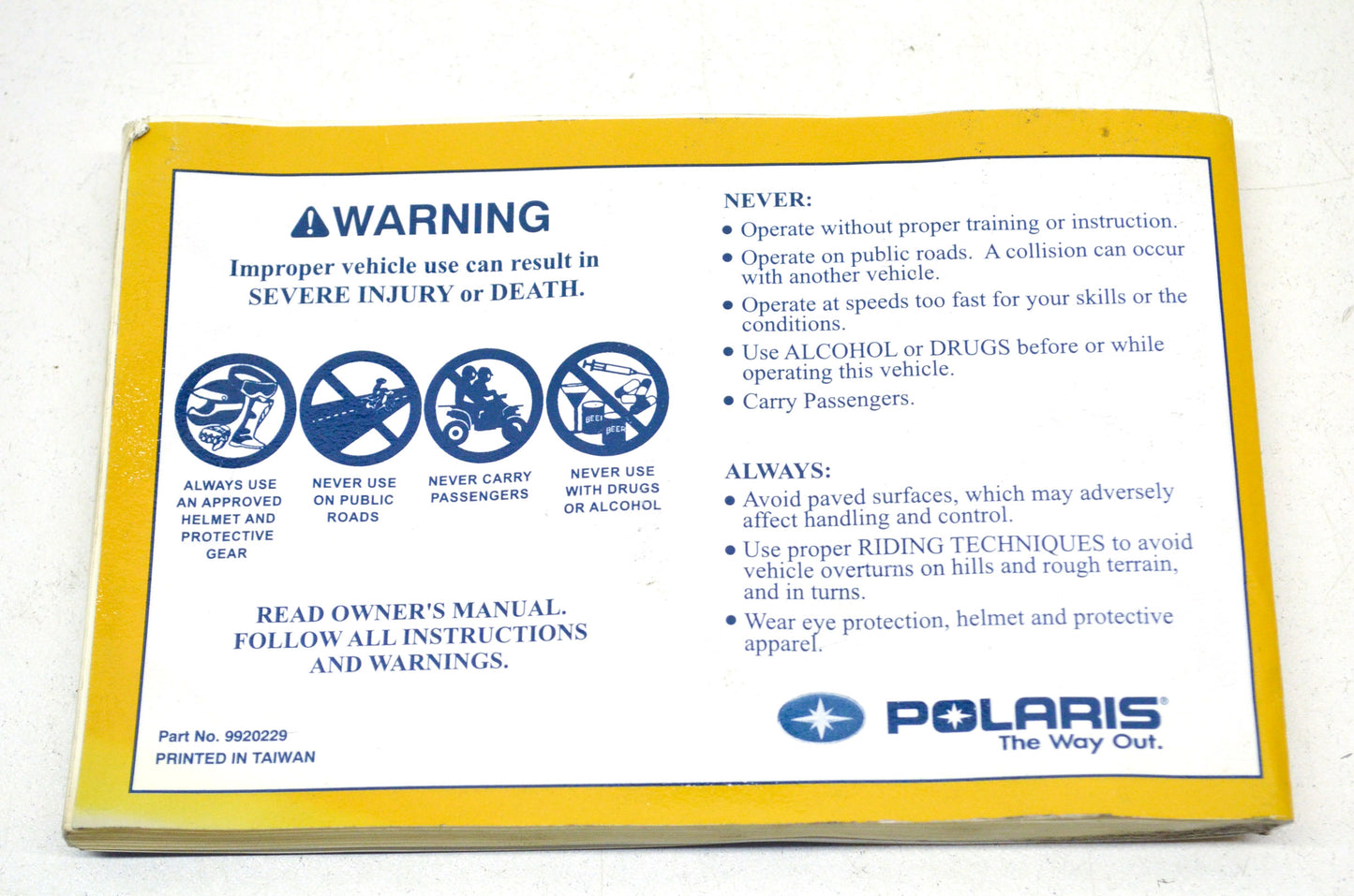 OEM Polaris 9920229 Owner's Manual 06 Sportsman 90/PRED 50/90