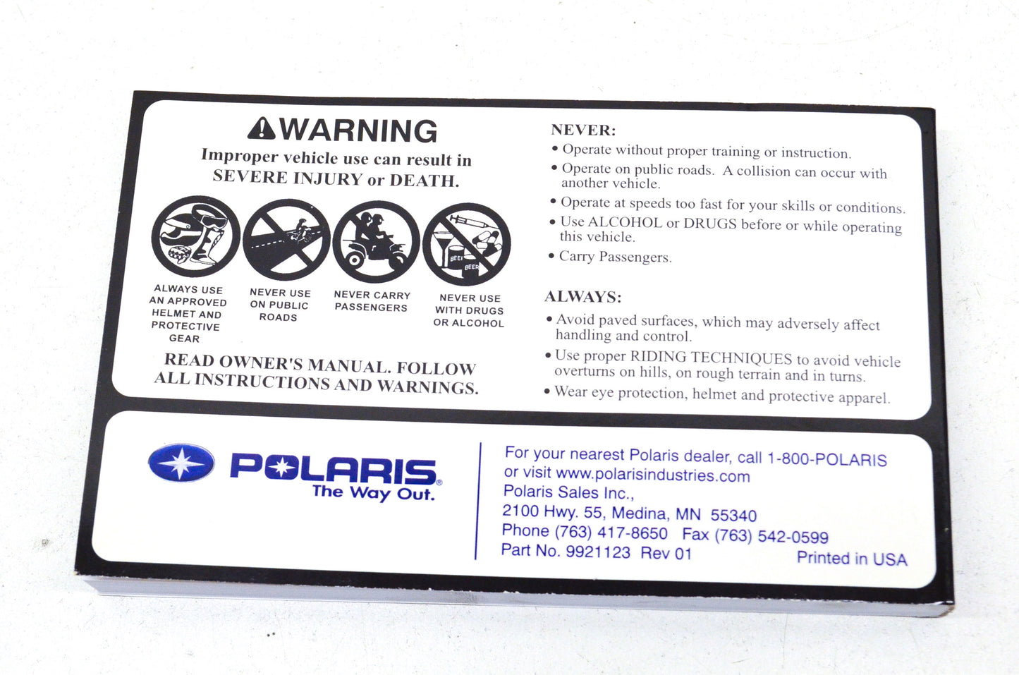 OEM Polaris 9921123 Owner's Manual 07 Outlaw 525 NOS