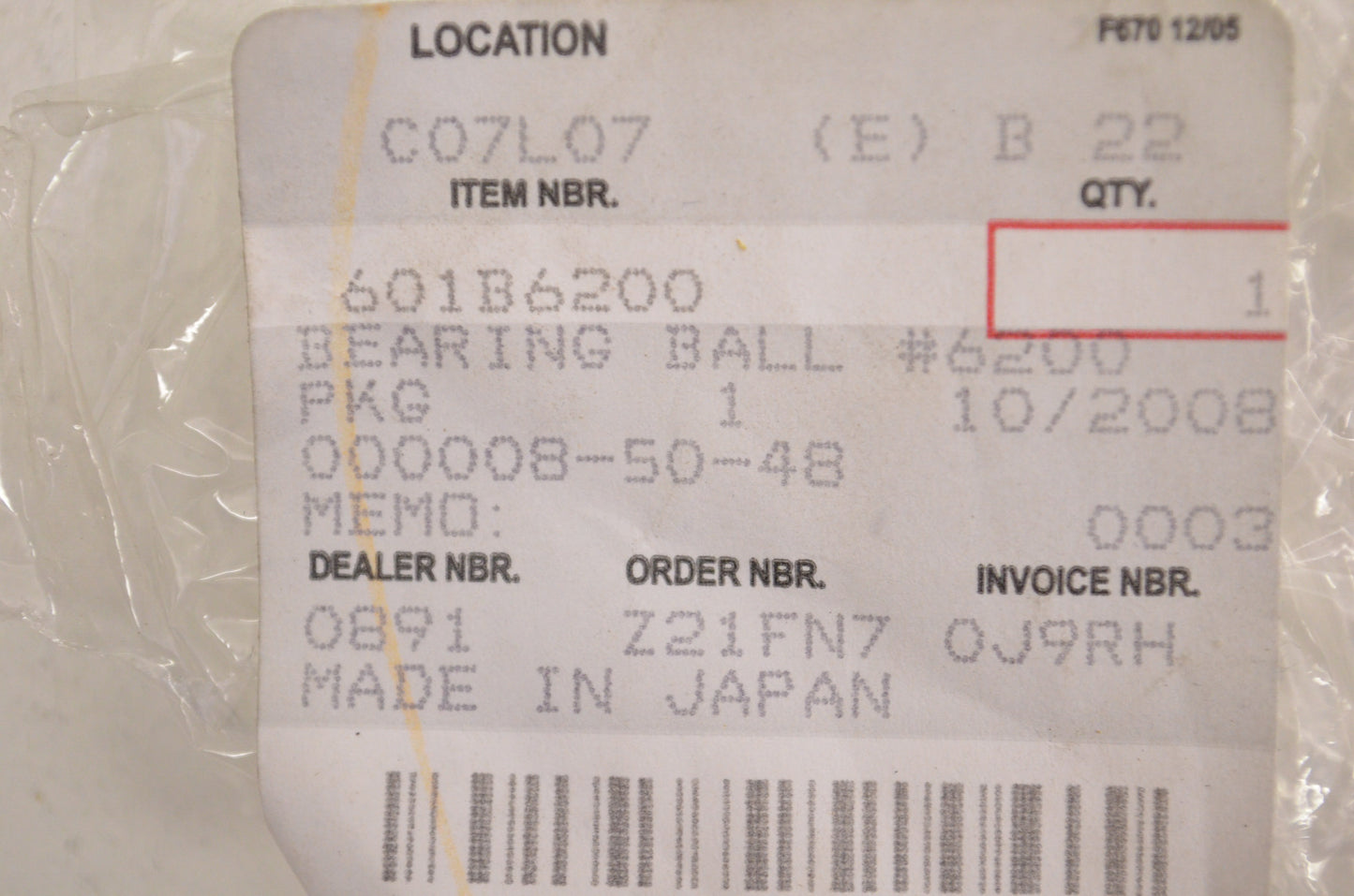 OEM Kawasaki 601B6200 Ball Bearing #6200 NOS