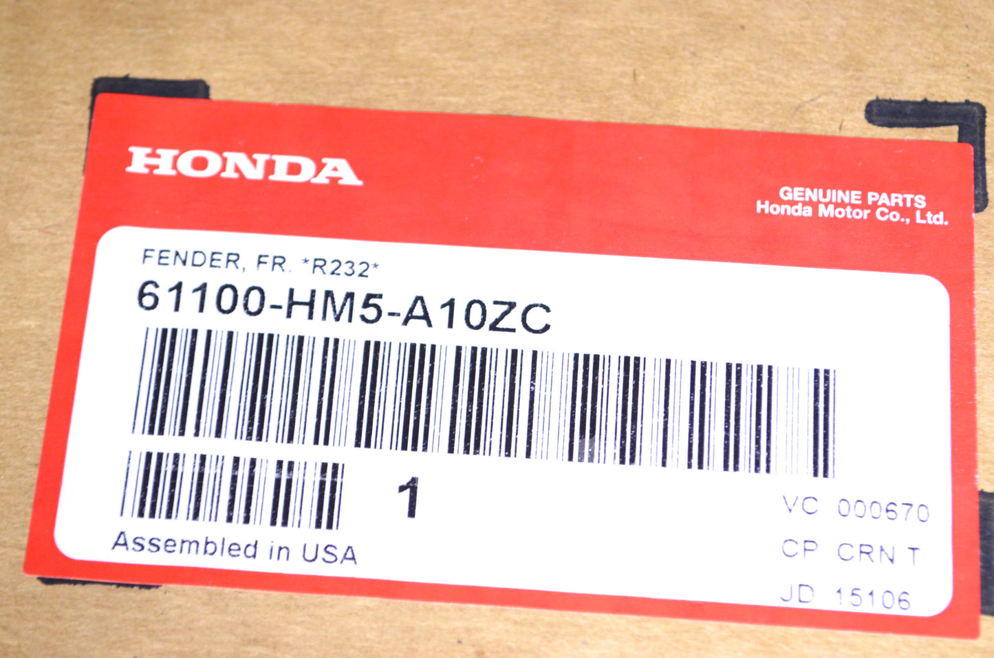 OEM Honda 61100-HM5-A10ZC Front Fender R232 NOS