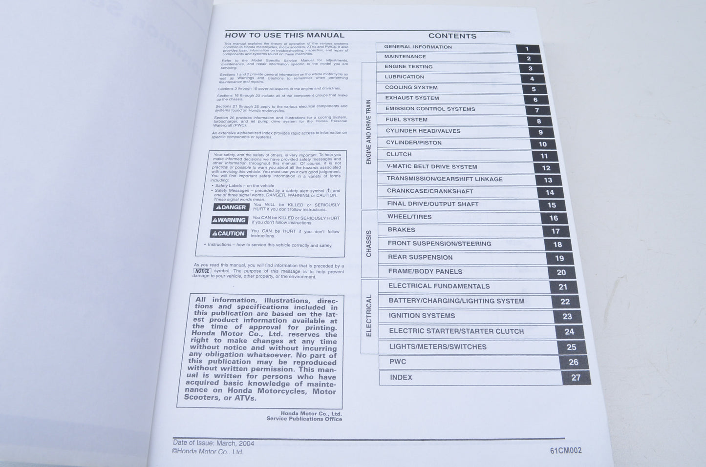 OEM Honda 61CM002 Common Service Manual NOS