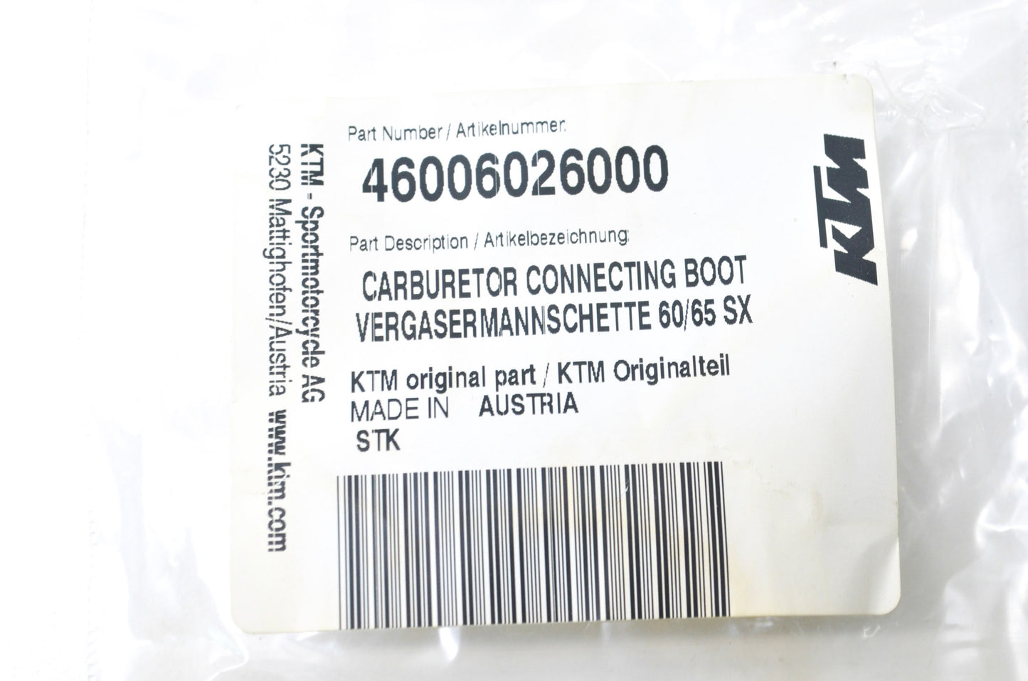 New OEM KTM Carburetor Connecting Boot NOS