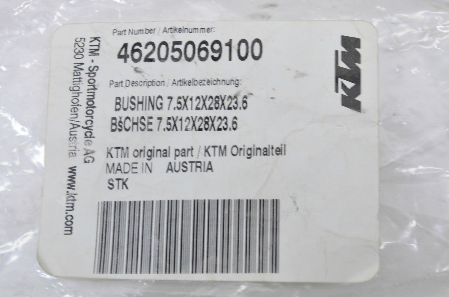 OEM KTM 46205069100 Bushing 7.5X12X28X23.6 NOS