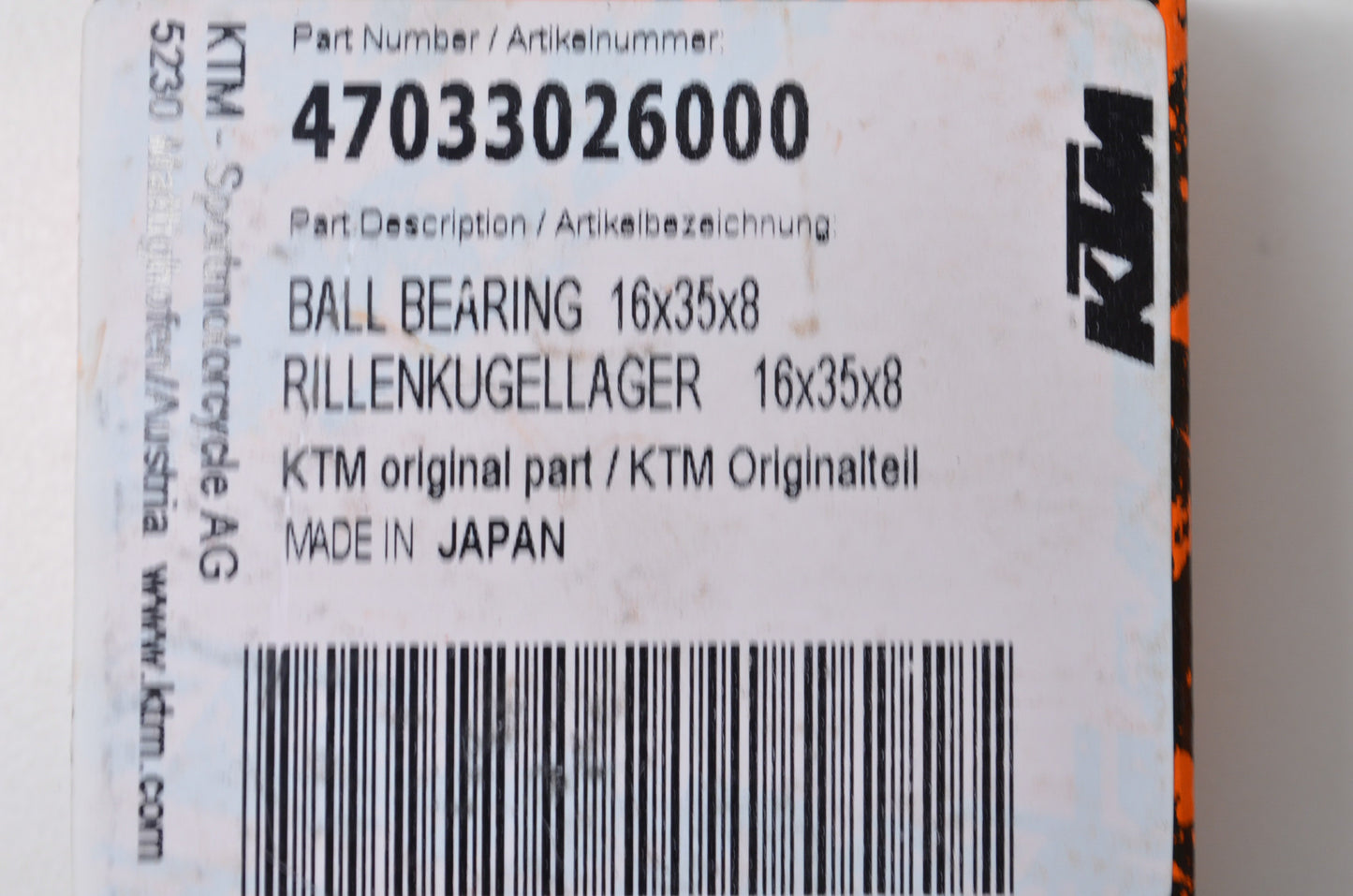 OEM KTM 47033026000 Ball Bearing 16X35X8 NOS