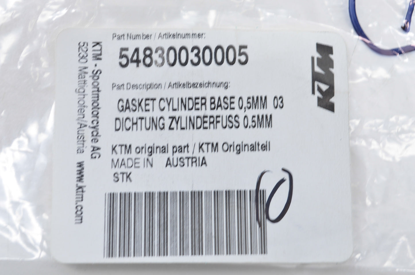 OEM KTM 54830030005 Cylinder Base Gasket 0.5mm NOS