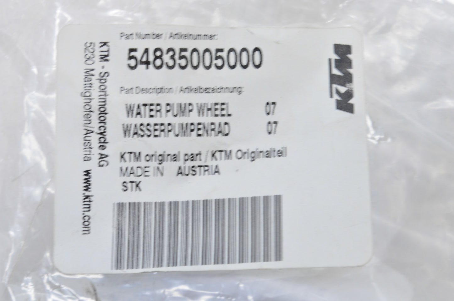 OEM KTM 54835005000 Water Pump Wheel NOS