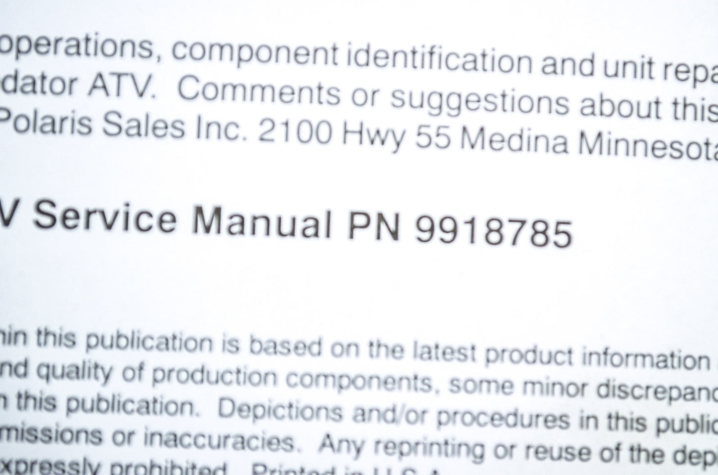 OEM Polaris 9918785 Service Manual 03/04 Predator 500