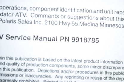 OEM Polaris 9918785 Service Manual 03/04 Predator 500