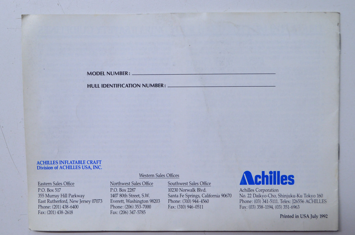 Achilles HB-1 1992 Hard Bottom Owner's Manual NOS