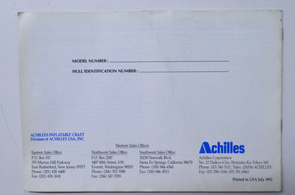Achilles HB-1 1992 Hard Bottom Owner's Manual NOS