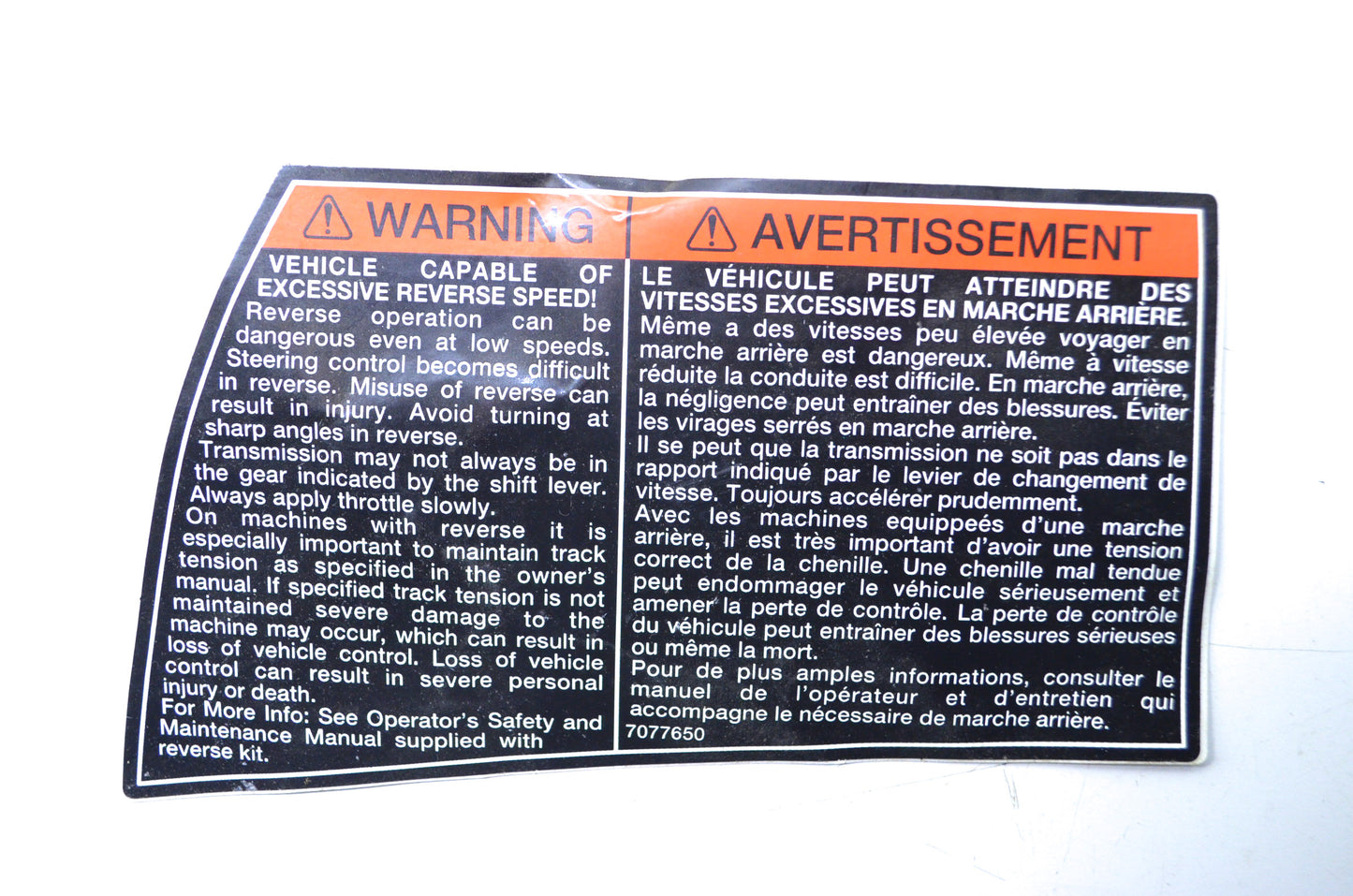 OEM Polaris 7077650 Left Reverse Warning Decal NOS