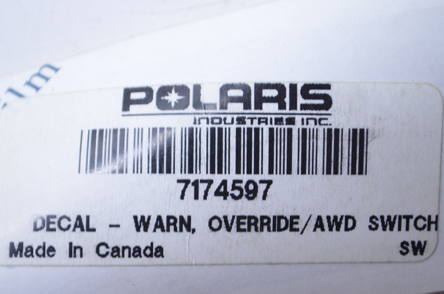 New OEM Polaris Override/AWD Switch Warning Decal NOS