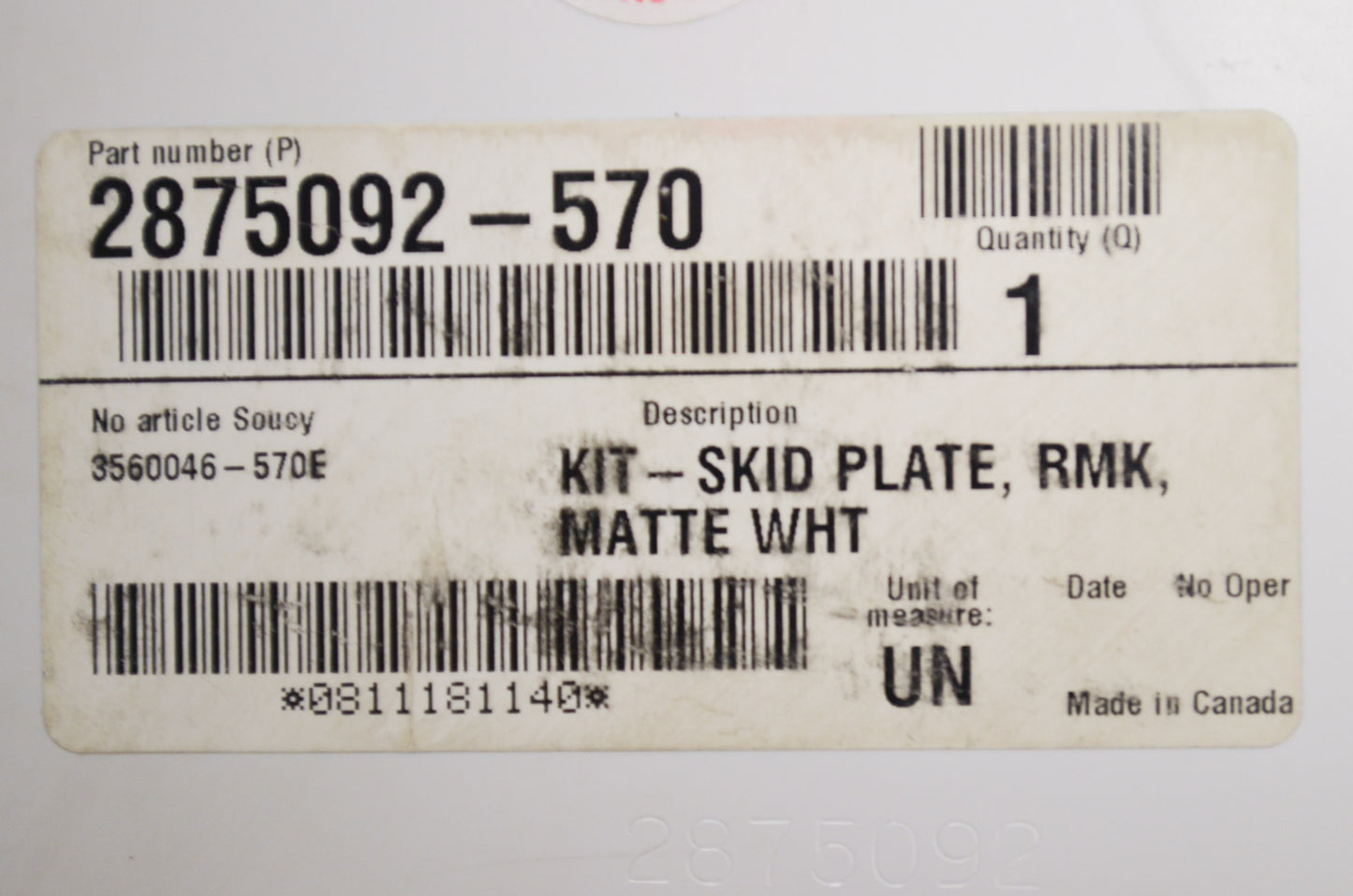 OEM Polaris 2875092-570 Skid Plate Kit Matte White NOS