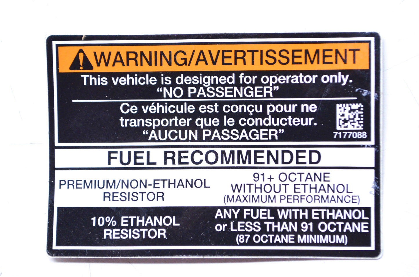 No Passenger/Fuel Recommended Warning Decal NOS