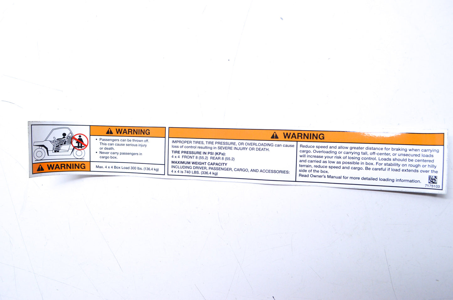 OEM Polaris 7175103 Passenger Tire Pressure Warning Decal NOS