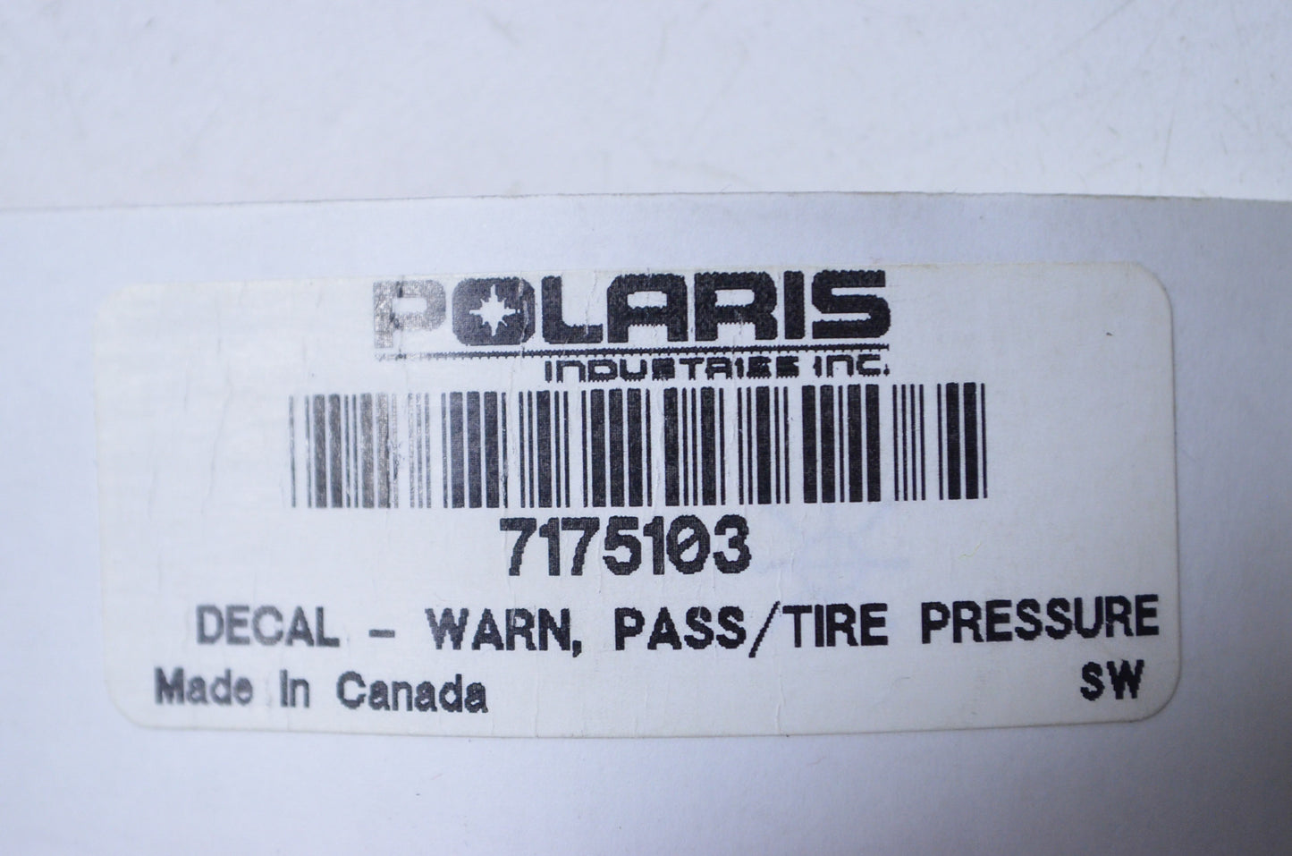 OEM Polaris 7175103 Passenger Tire Pressure Warning Decal NOS
