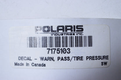 OEM Polaris 7175103 Passenger Tire Pressure Warning Decal NOS