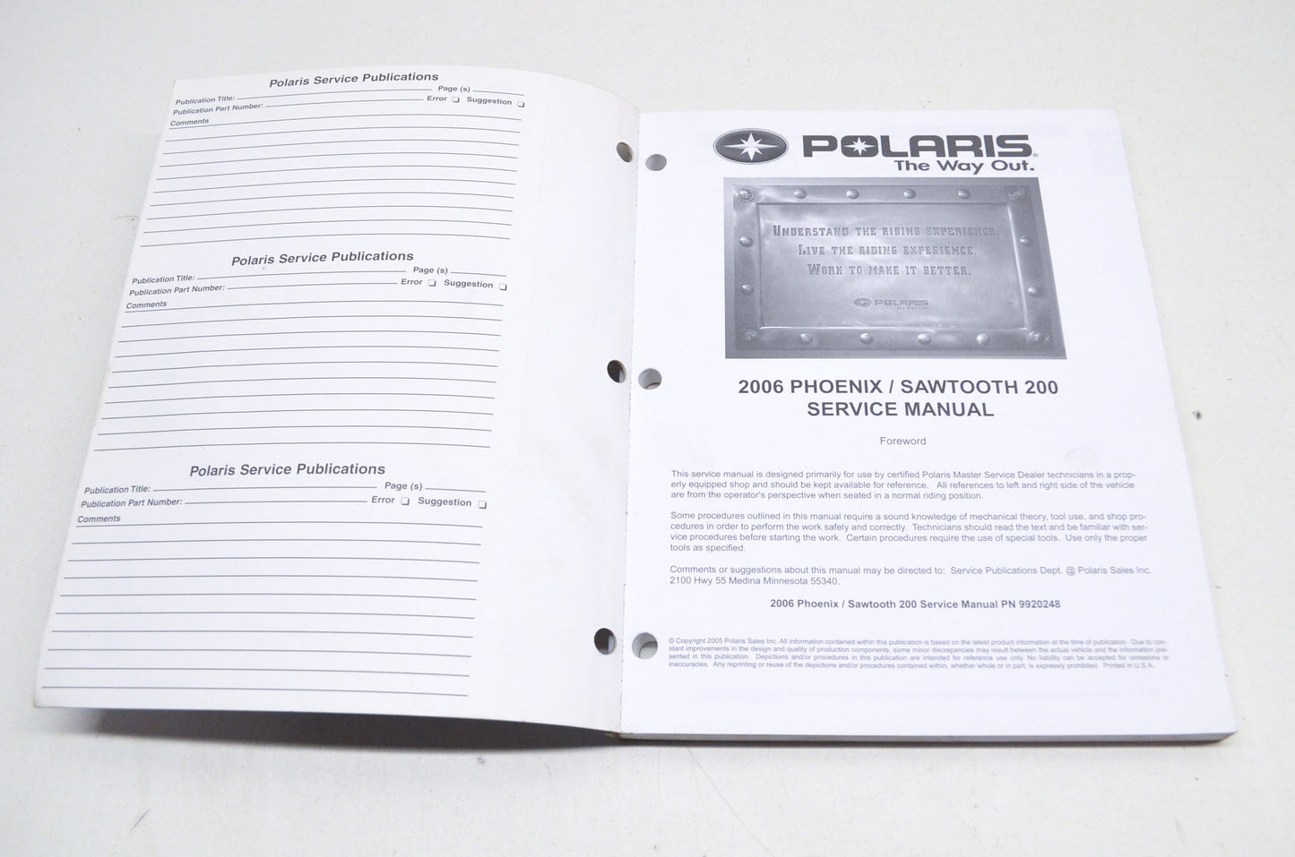 OEM Polaris 9920248 Service Manual 06 Sawtooth 200