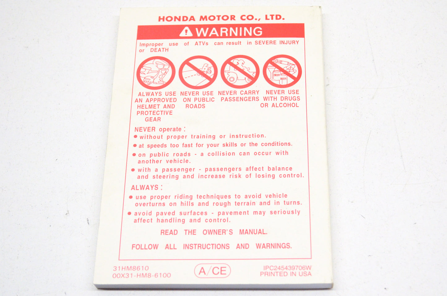 OEM Honda 31HM8610 Owner's Manual 98 TRX 250 E NOS