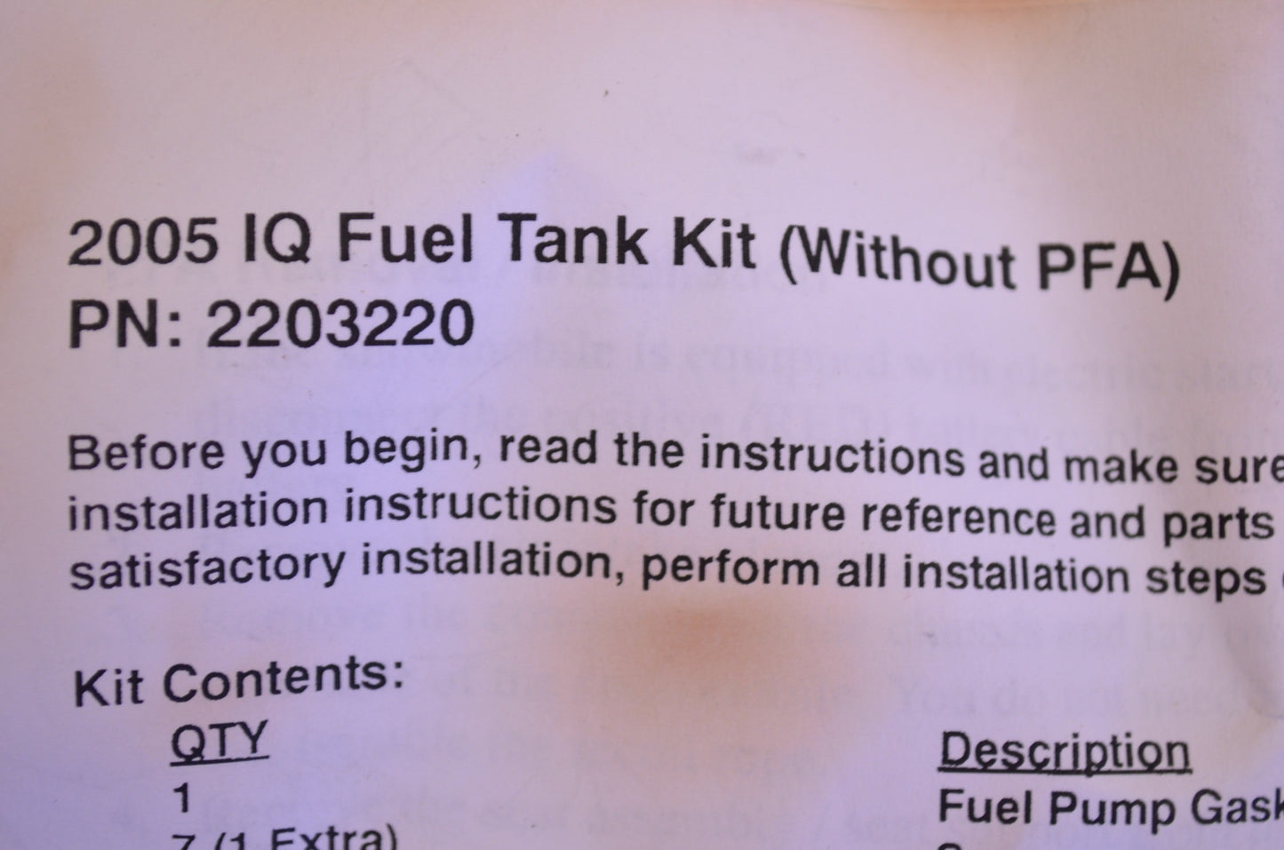 New OEM Polaris 2005 IQ Fuel Tank Kit (Without PFA) NOS