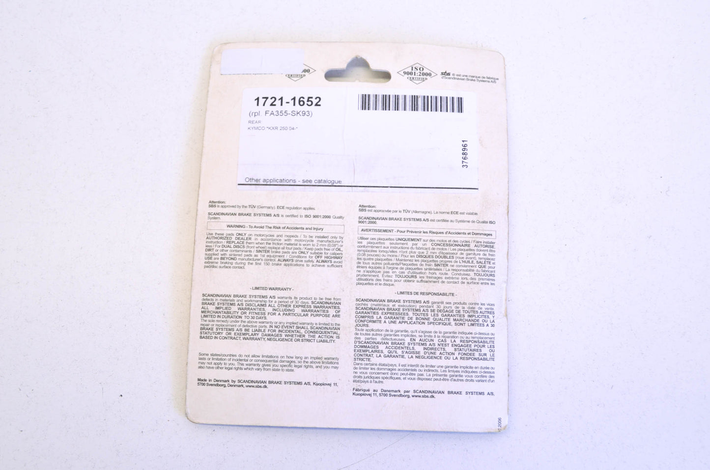 SBS 1721-1652, FA355-SK93, 775S1 Brake Pad Kit NOS