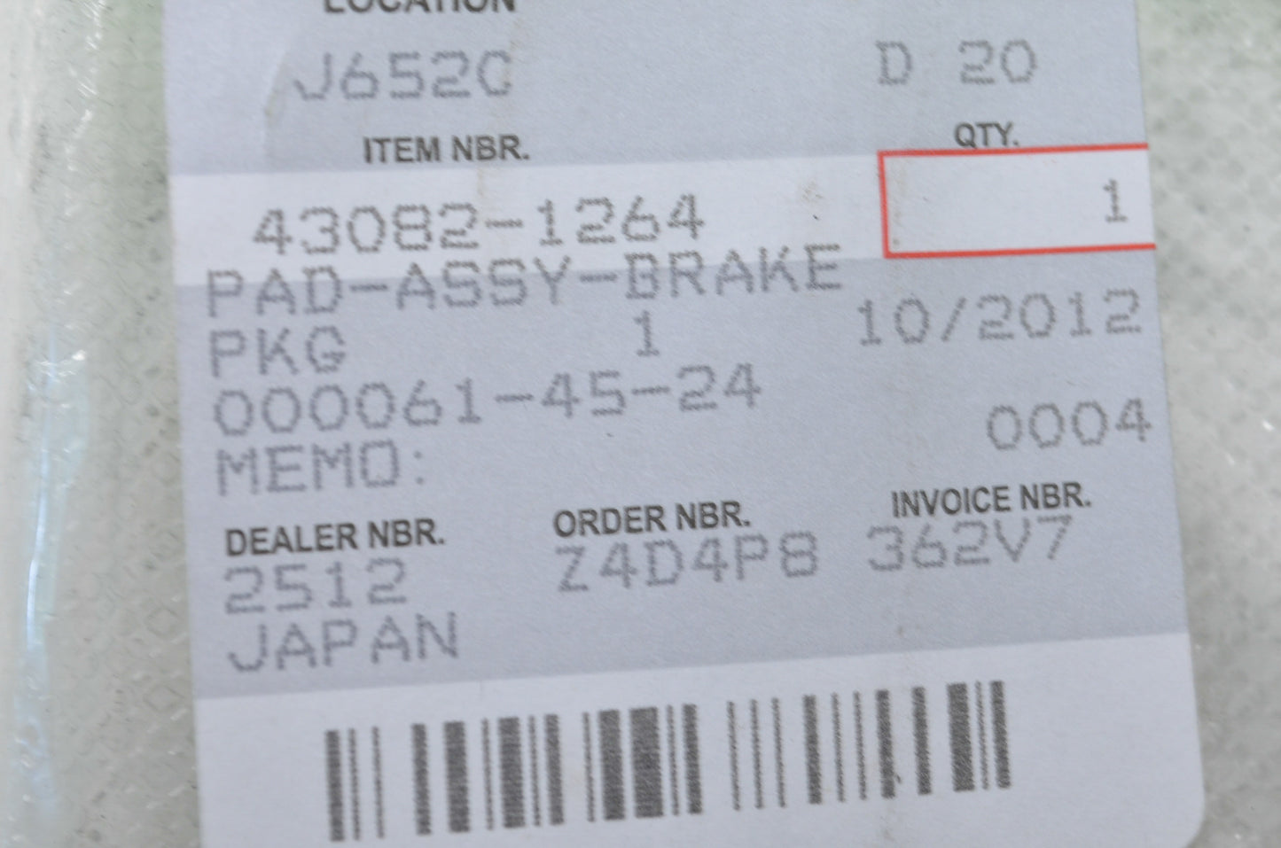 OEM Kawasaki 43082-1264 Brake Pad Assembly NOS