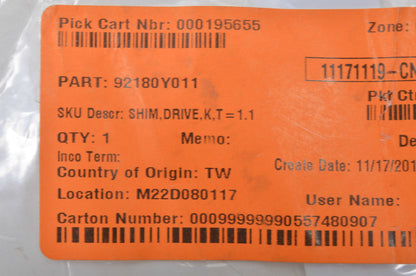 OEM Kawasaki 92180-Y011 Shim DRIVE,K,T=1.1 NOS