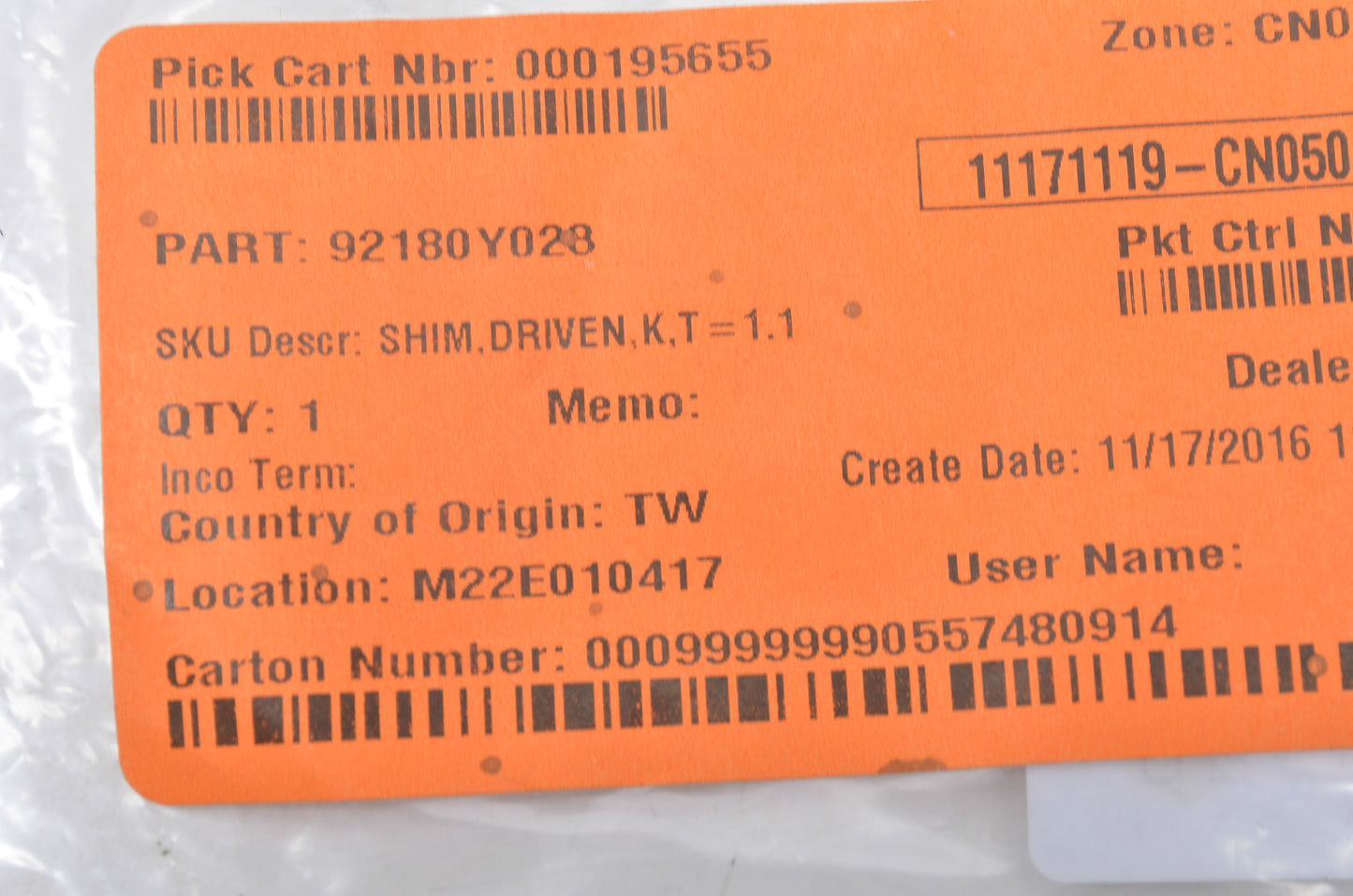 OEM Kawasaki 92180-Y028 Driven Shim NOS