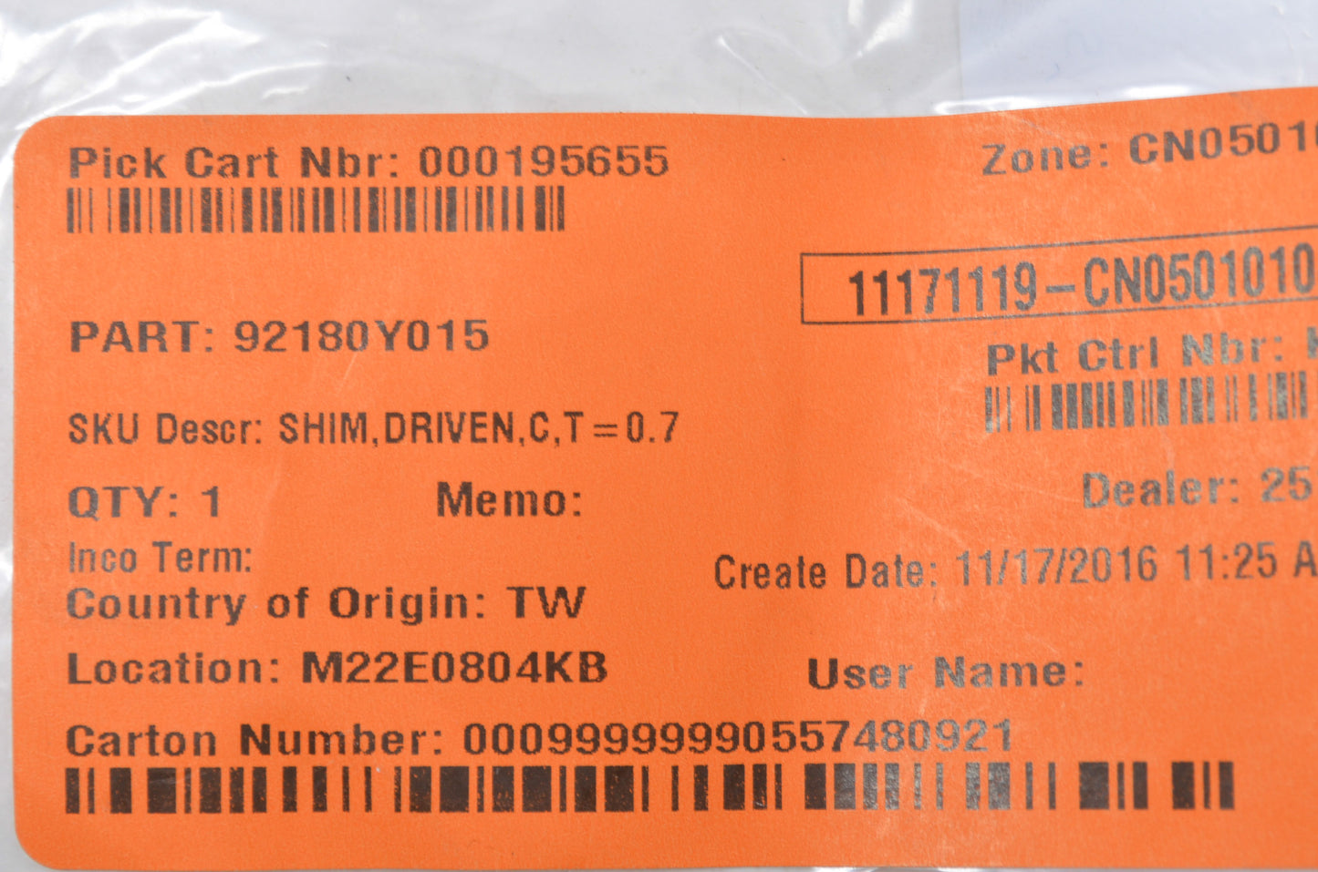 OEM Kawasaki 92180-Y015 Driven Shim C T=0.7 NOS