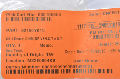 OEM Kawasaki 92180-Y015 Driven Shim C T=0.7 NOS